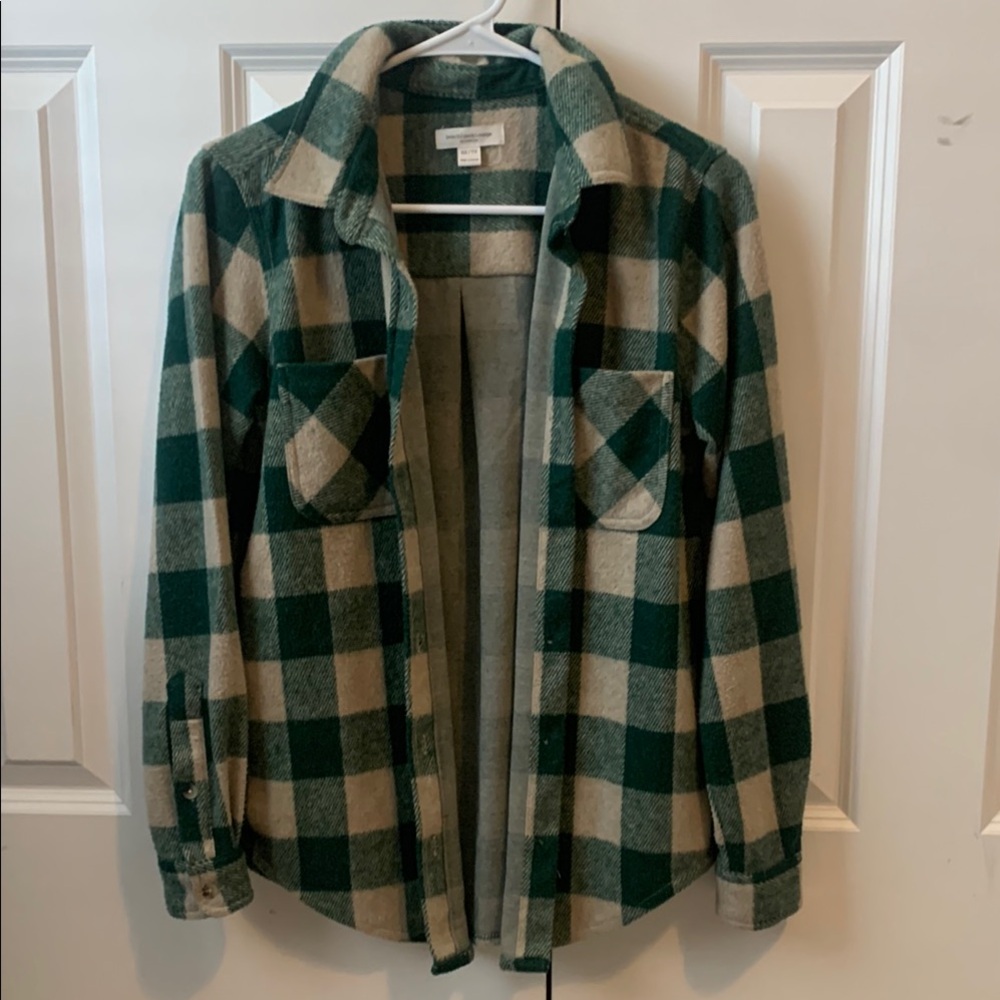 Green and Cream Plaid Shirt Jacket